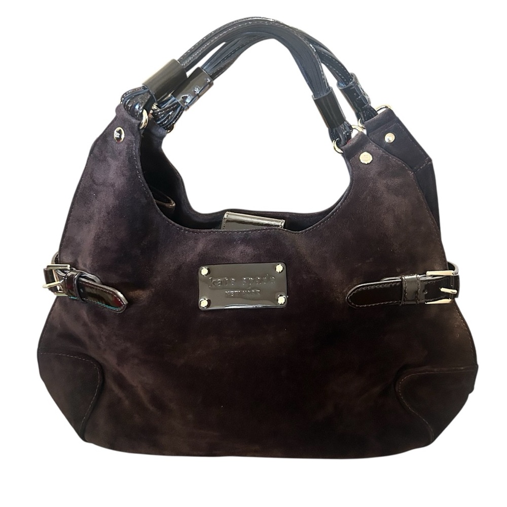 kate spade dark brown suede hobo with patent trim